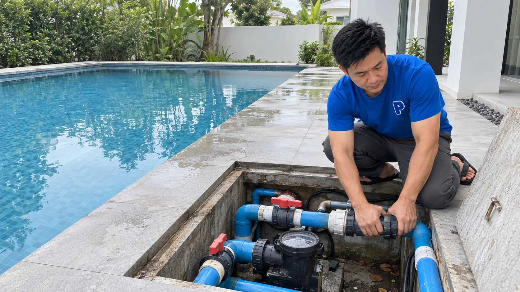 Pool technician tightening a pipe union in a pump pit