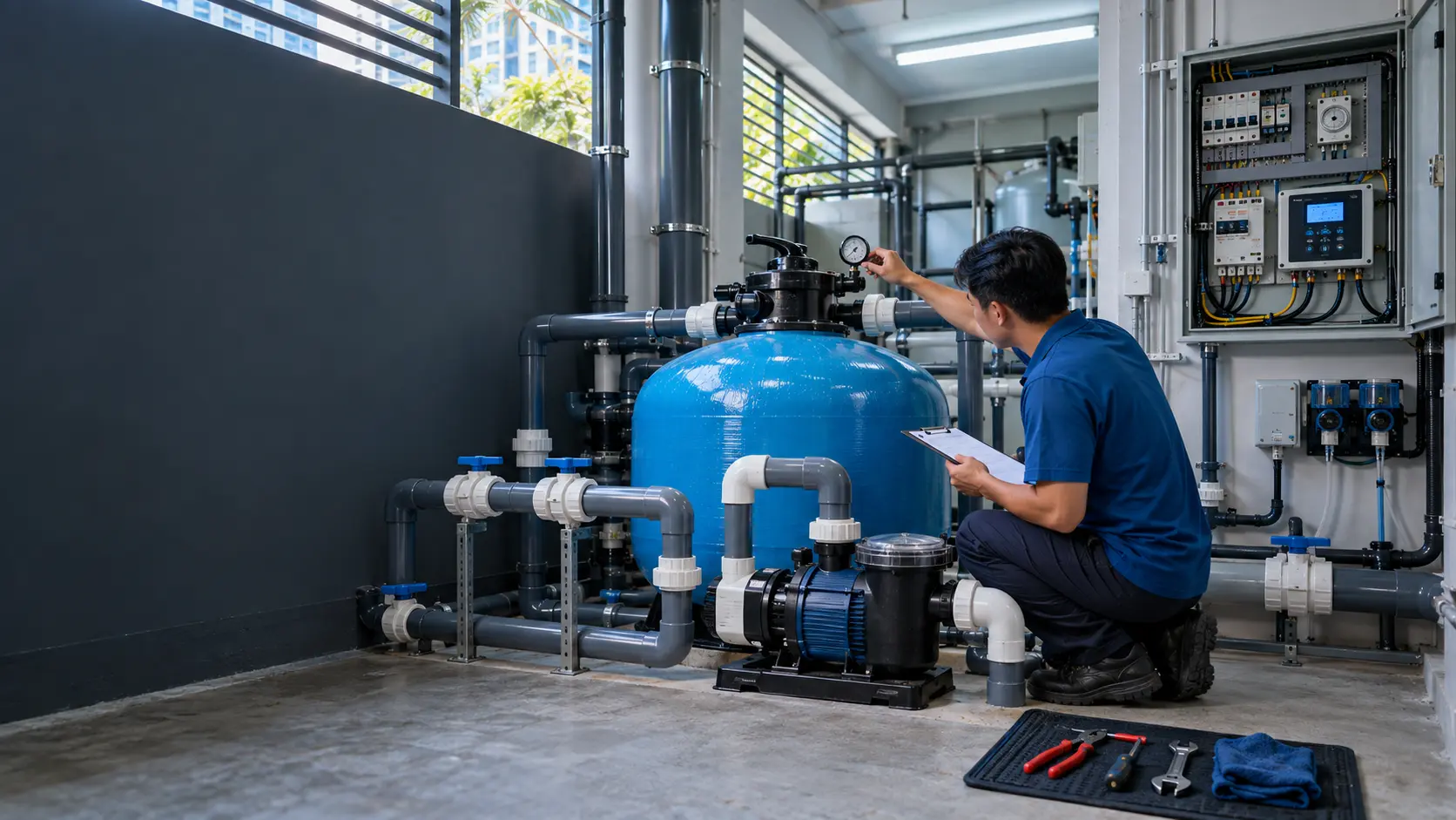 Pool technician checking a sand filter gauge in a plant room