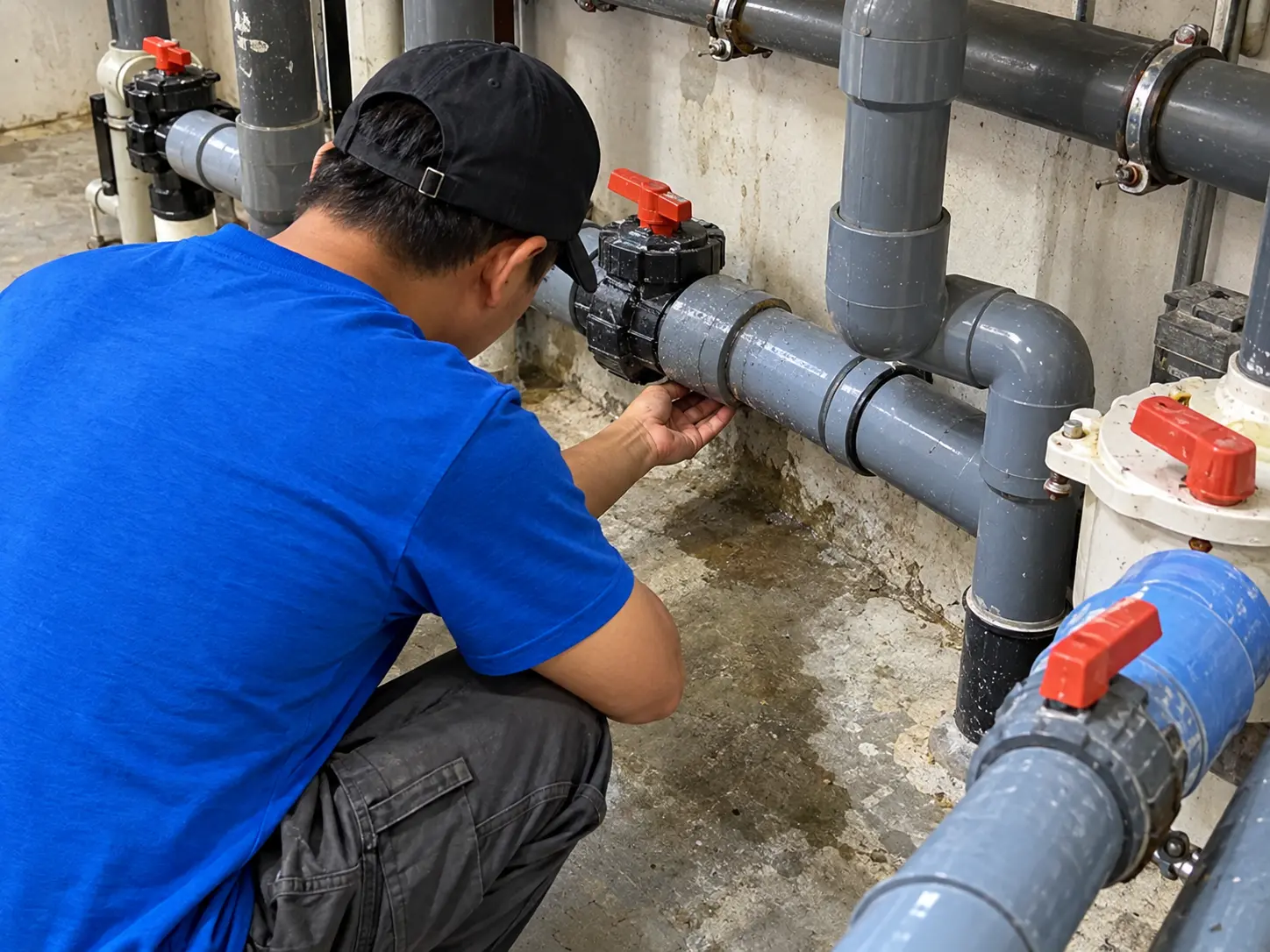 Pool technician checking a valve on the pool pipework in a plant room