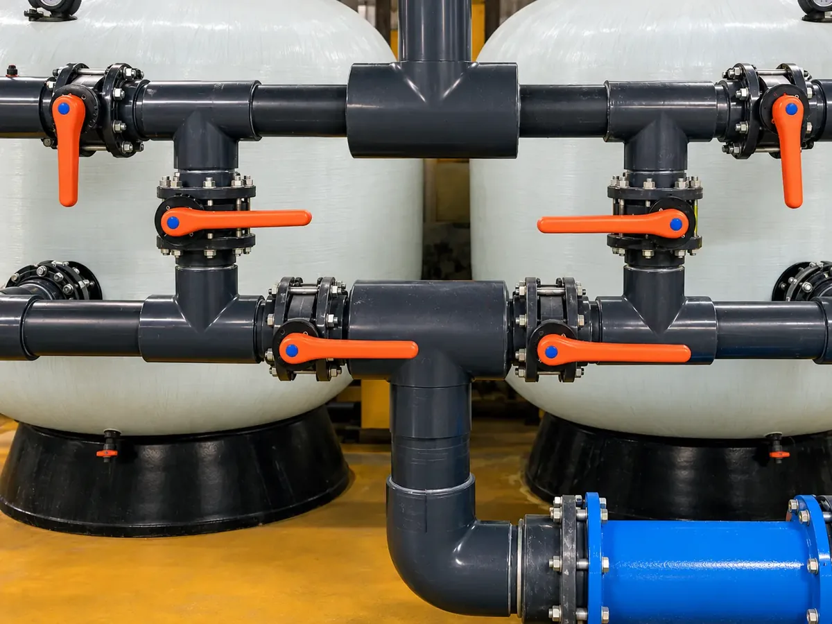 Ball valves on the pipework between two sand filters in a plant room