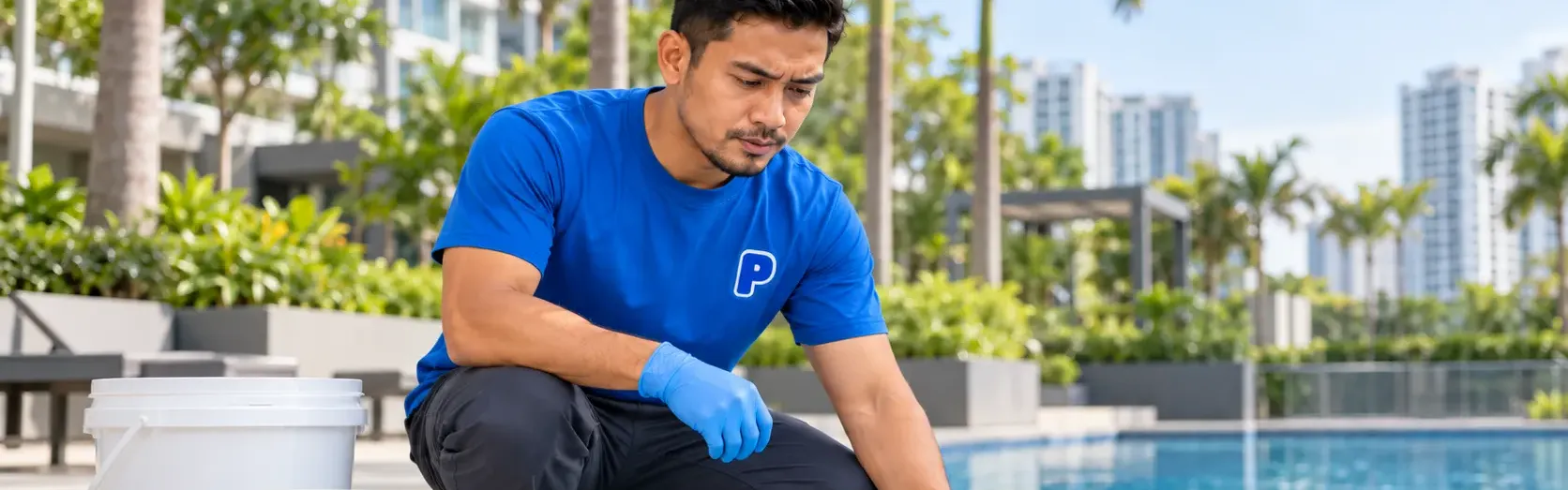 Pool technician in a blue t-shirt and gloves taking a water sample at a condominium pool