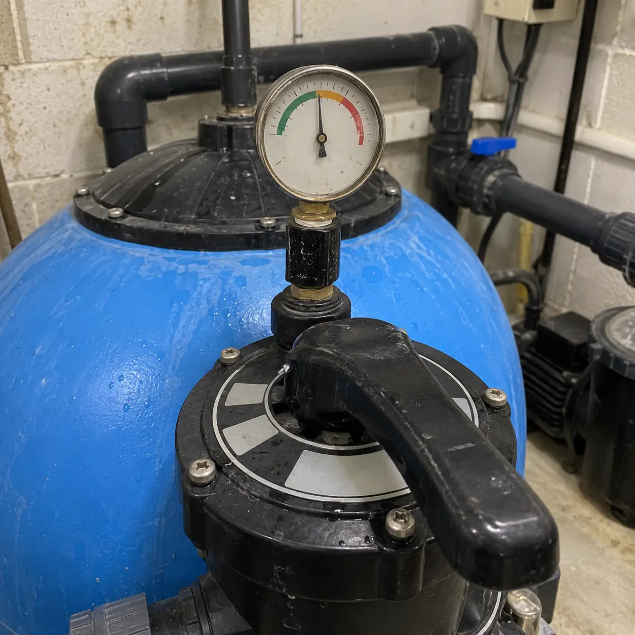 Pressure gauge and multiport valve on top of a blue sand filter in a pool plant room