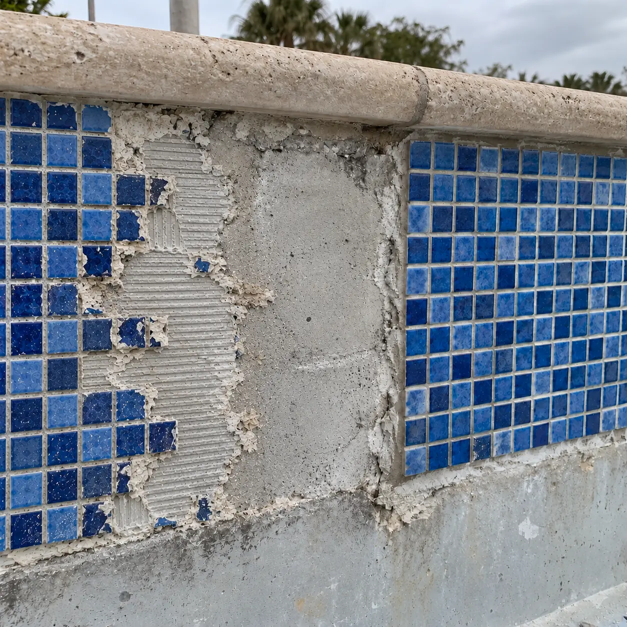 Missing blue mosaic tiles and bare tile adhesive on a pool wall below the coping